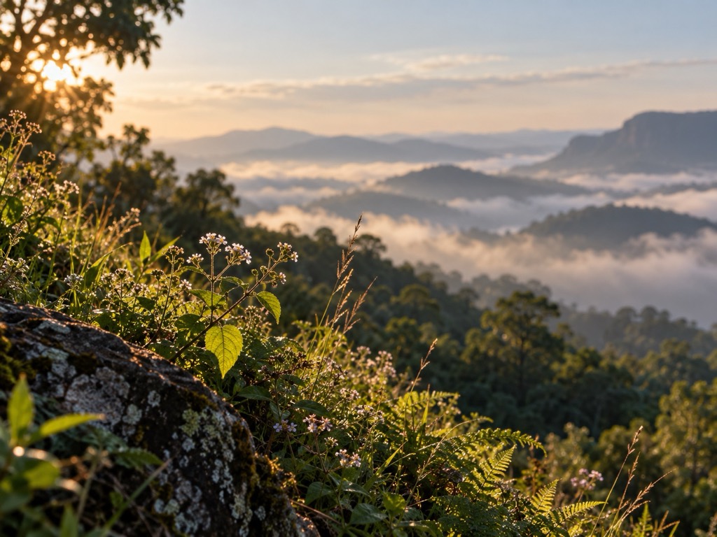 Misty valleys and forested hills at sunrise in the Palani Hills