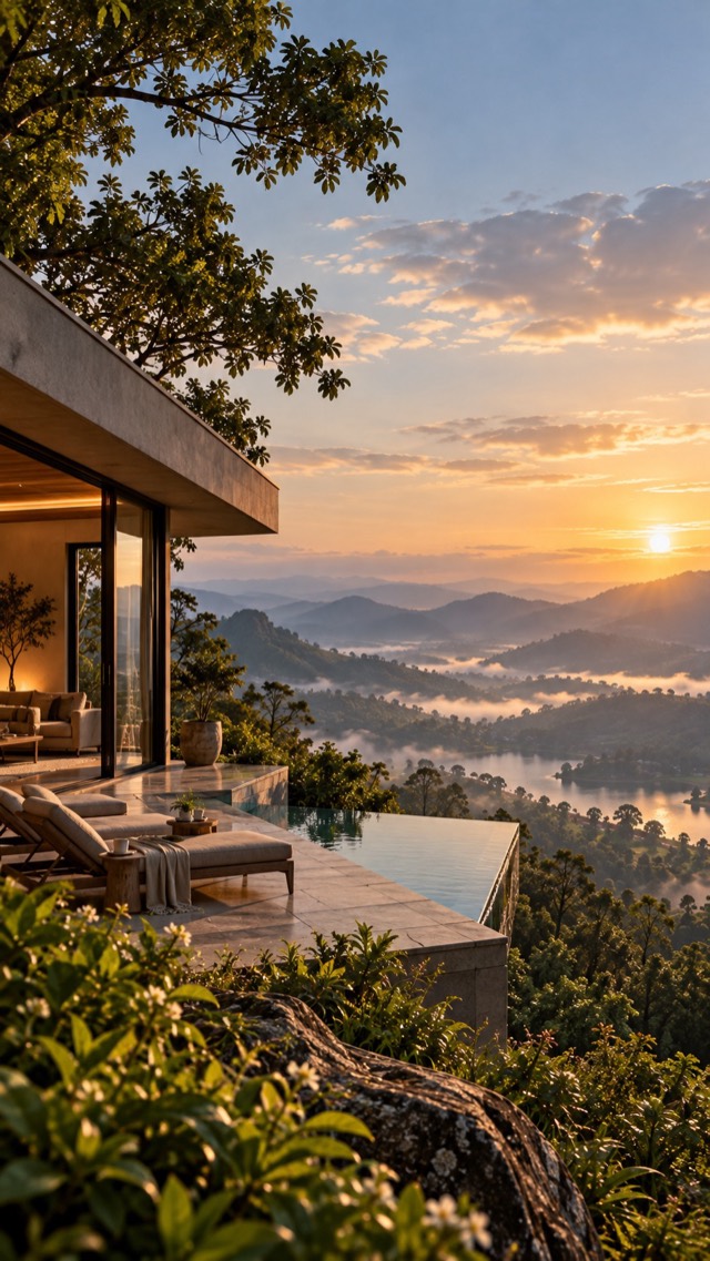 A hillside home with a terrace looking over the valley at sunset